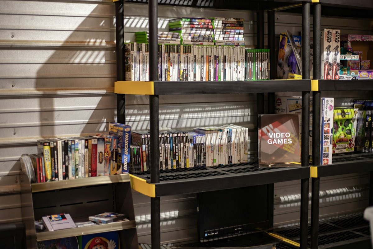 Shelves stacked with boxed video games