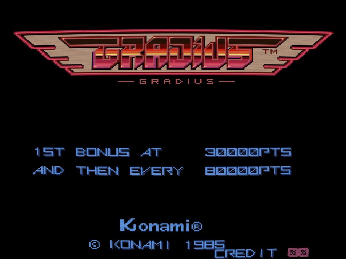Title screen of Gradius on a Konami arcade cabinet, 1985