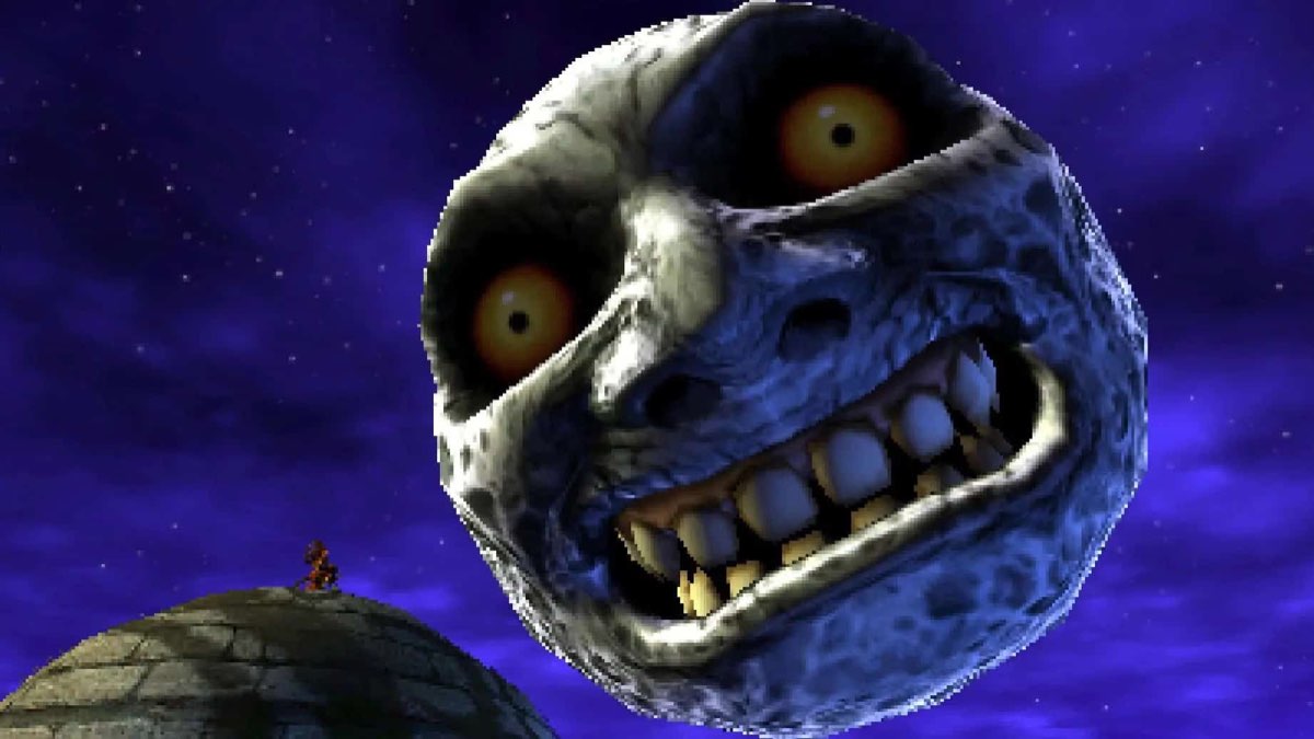 The menacing moon of Majora's Mask looming over the sky above Termina