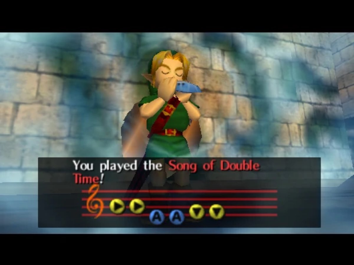 Screenshot of Majora's Mask, Link playing a melody on the ocarina