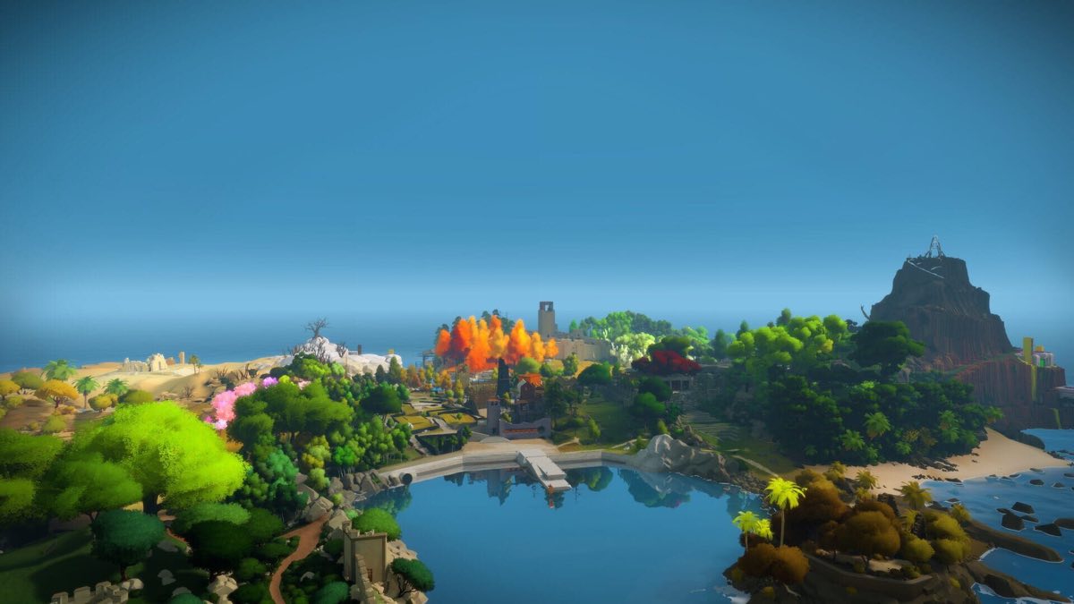 Panoramic view of The Witness's colorful island, with its trees and stone ruins