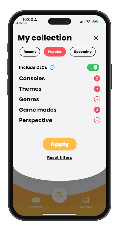 Radion advanced filters screen